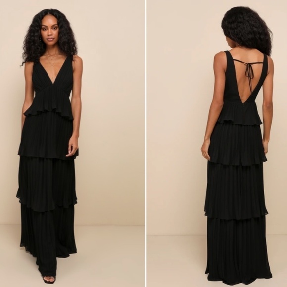 LULU's Prom Wedding Bridesmaid Pleated Tiered Ruffles Black Maxi Dress - Picture 3 of 4